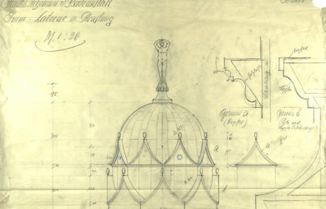 Entwurf der Turmhaube von Wilhlem Jost, 1913. Foto. Stadtarchiv Halle.