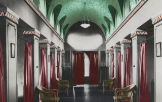 Ruheraum des irisch-römischen Bades im Stadtbad Halle. Visualisierung anhand eines Tests und dem historischen Foto von 1916. Frank Weiss (Büro für Gestaltung)
