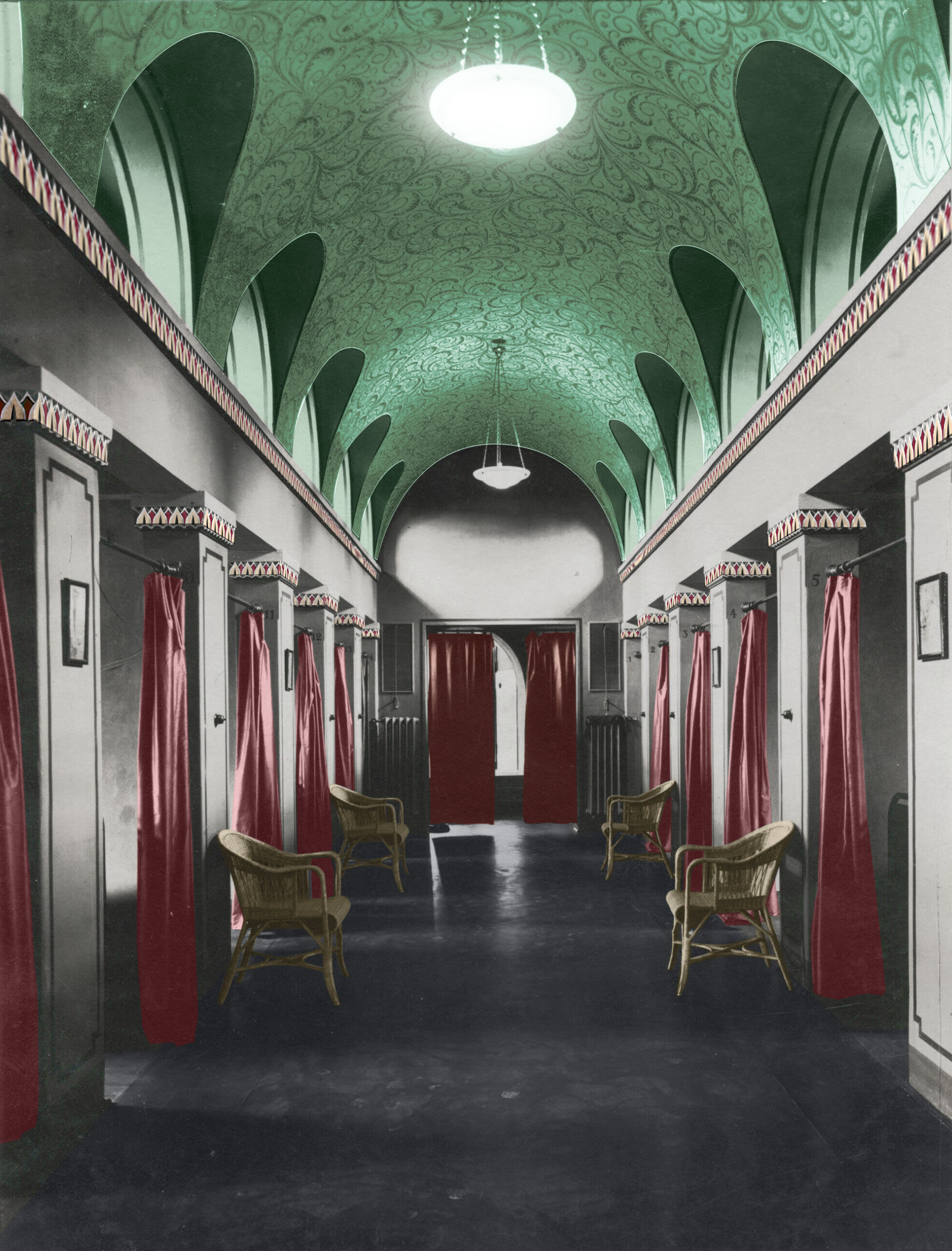 Ruheraum des irisch-römischen Bades im Stadtbad Halle. Visualisierung anhand eines Tests und dem historischen Foto von 1916. Frank Weiss (Büro für Gestaltung)